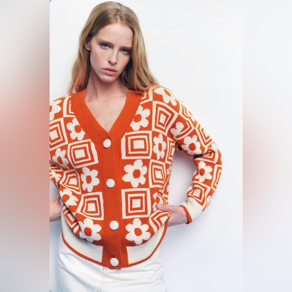 ZARA KNIT JACQUARD CHECK FLORAL OVERSIZED CARDIGAN Size S